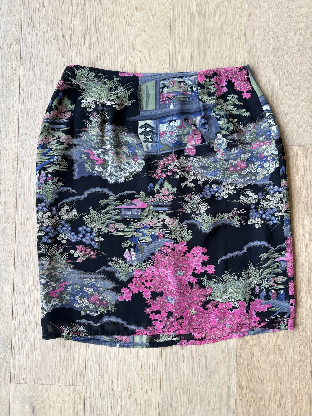 VTG 90s CLIO Chinoiserie Geisha Print Midi Skirt - Size 8